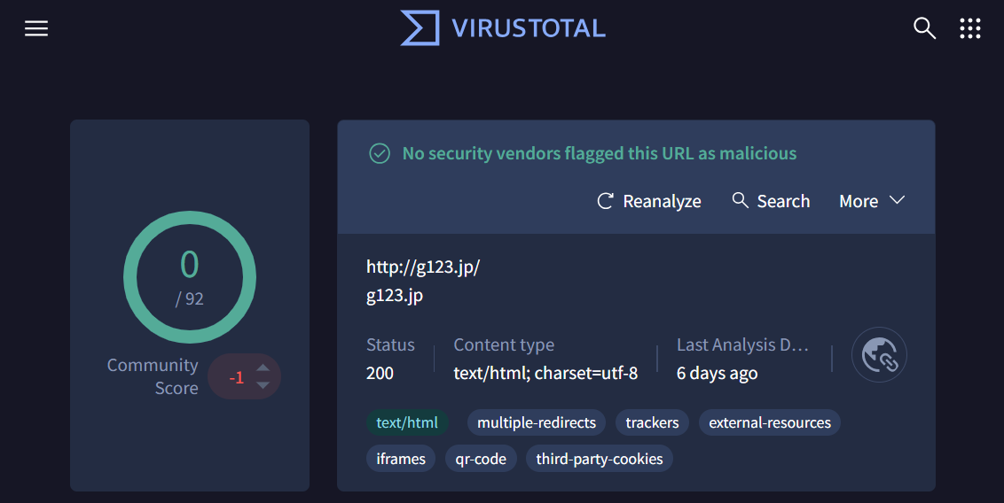 VirusTotal threat-detection result for G123 (0/92)