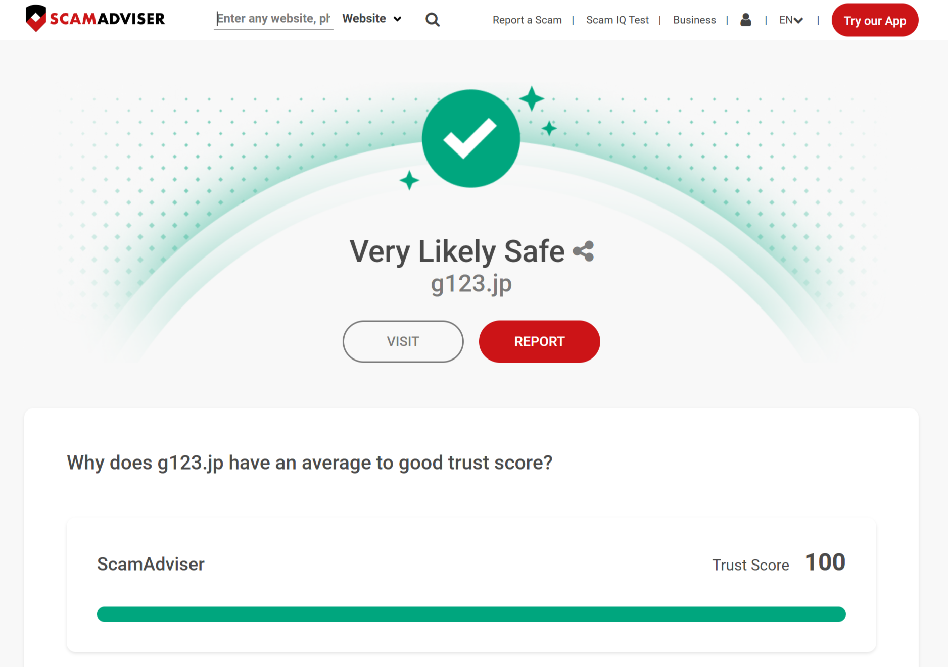 ScamAdviser trust score for G123 (100/100)