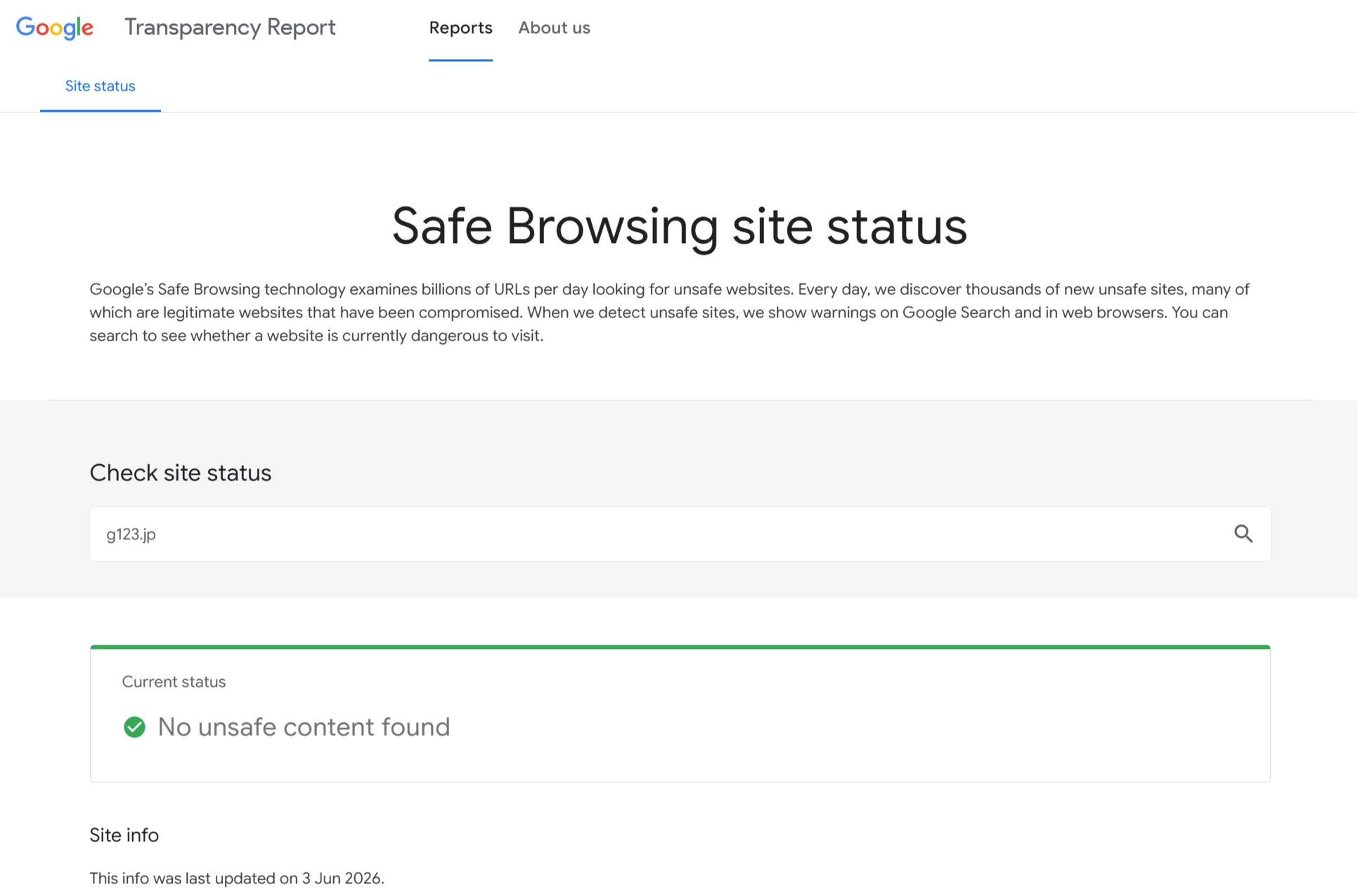 Google Transparency Report safety result for G123